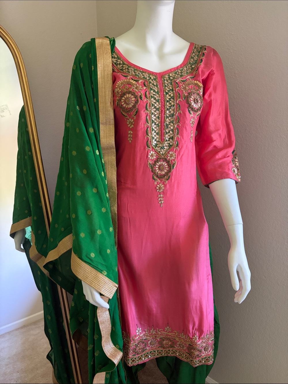 Beautiful brand new silk Indian suit Salwaar peach and green color combination
